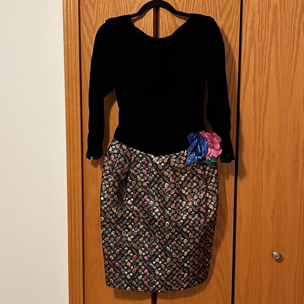 Vintage Cocktail Dress. Black Velvet and Multi-colored Gold Lame Fabric.